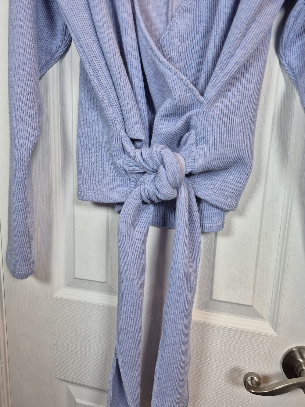 By Anthropologie Blue Periwinkle Ribbed Wrap Front Tie Top Sweater Size Large - Picture 5 of 7